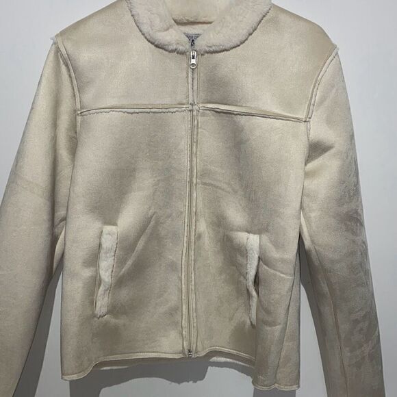 Gotham City Gear Women's Cream Collared Faux Suede Sherpa Jacket Size Large - Picture 1 of 10